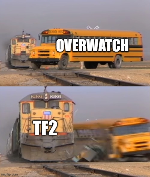 True | OVERWATCH; TF2 | image tagged in a train hitting a school bus | made w/ Imgflip meme maker