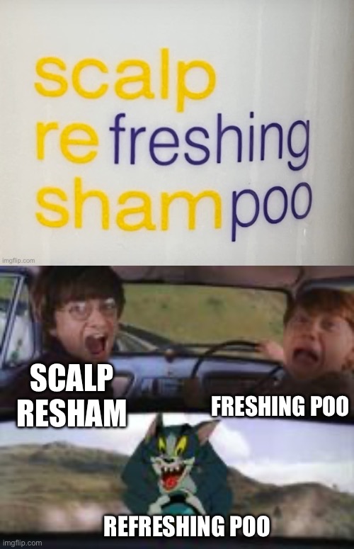 Refreshing poo | SCALP RESHAM; FRESHING POO; REFRESHING POO | image tagged in tom chasing harry and ron | made w/ Imgflip meme maker