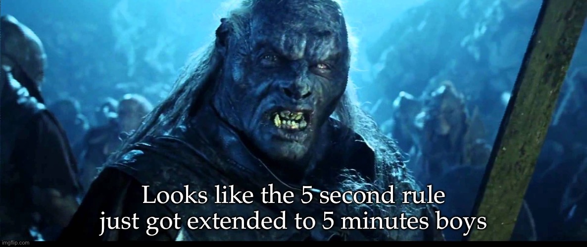 Looks like meat's back on the menu, boys! | Looks like the 5 second rule just got extended to 5 minutes boys | image tagged in looks like meat's back on the menu boys | made w/ Imgflip meme maker