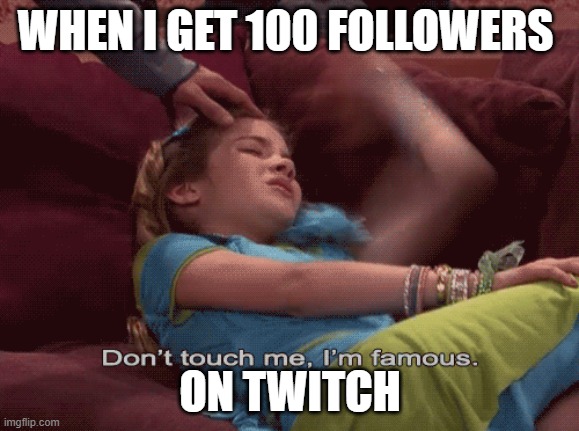 Twitch Famous | WHEN I GET 100 FOLLOWERS; ON TWITCH | image tagged in don't touch me i'm famous | made w/ Imgflip meme maker