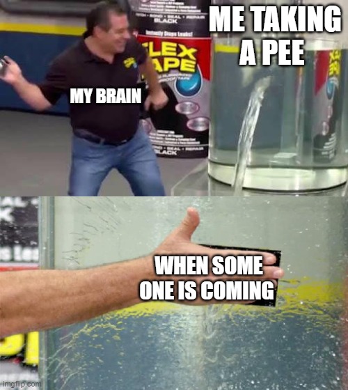bob | ME TAKING A PEE; MY BRAIN; WHEN SOME ONE IS COMING | image tagged in flex tape | made w/ Imgflip meme maker