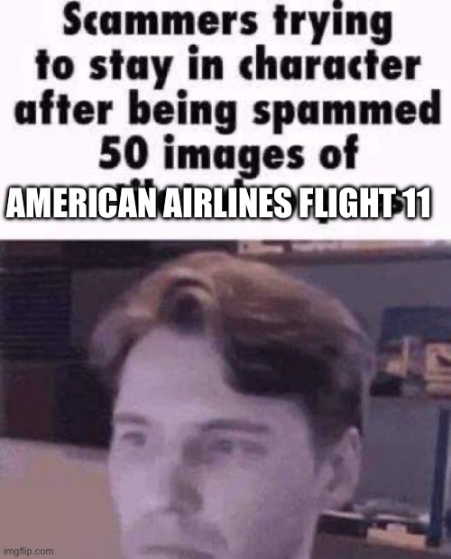 Scammers trying to stay in character after being spammed 50 imag | AMERICAN AIRLINES FLIGHT 11 | image tagged in scammers trying to stay in character after being spammed 50 imag | made w/ Imgflip meme maker