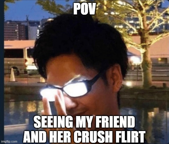 Anime glasses | POV; SEEING MY FRIEND AND HER CRUSH FLIRT | image tagged in anime glasses | made w/ Imgflip meme maker