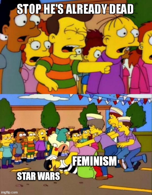 The End of Star Wars | FEMINISM; STAR WARS | image tagged in stop he's already dead,star wars,feminism,franchize,dead | made w/ Imgflip meme maker