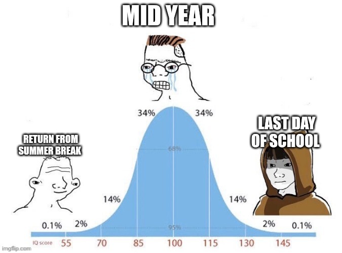 Bell Curve | MID YEAR; LAST DAY OF SCHOOL; RETURN FROM SUMMER BREAK | image tagged in bell curve | made w/ Imgflip meme maker