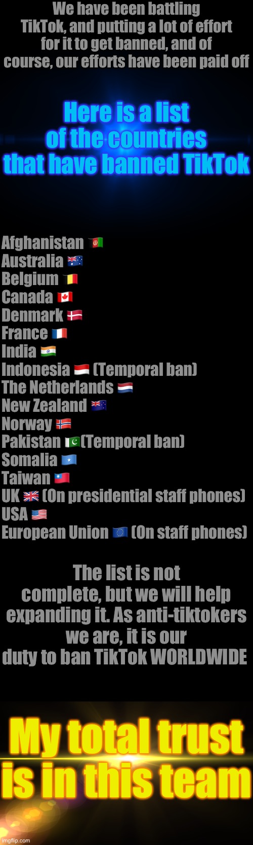 We have been battling TikTok, and putting a lot of effort for it to get banned, and of course, our efforts have been paid off; Here is a list of the countries that have banned TikTok; Afghanistan 🇦🇫 
Australia 🇦🇺 
Belgium 🇧🇪 
Canada 🇨🇦 
Denmark 🇩🇰 
France 🇫🇷 
India 🇮🇳 
Indonesia 🇮🇩 (Temporal ban)
The Netherlands 🇳🇱 
New Zealand 🇳🇿 
Norway 🇳🇴 
Pakistan 🇵🇰(Temporal ban)
Somalia 🇸🇴 
Taiwan 🇹🇼 
UK 🇬🇧 (On presidential staff phones)
USA 🇺🇸 
European Union 🇪🇺 (On staff phones); The list is not complete, but we will help expanding it. As anti-tiktokers we are, it is our duty to ban TikTok WORLDWIDE; My total trust is in this team | made w/ Imgflip meme maker
