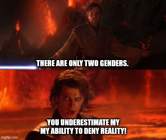 Biology Has the High Ground | THERE ARE ONLY TWO GENDERS. YOU UNDERESTIMATE MY MY ABILITY TO DENY REALITY! | image tagged in it's over anakin i have the high ground,2 genders,denial,reality,biology | made w/ Imgflip meme maker