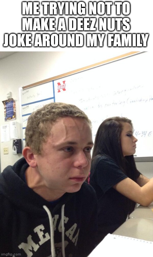 Hold fart | ME TRYING NOT TO MAKE A DEEZ NUTS JOKE AROUND MY FAMILY | image tagged in hold fart | made w/ Imgflip meme maker