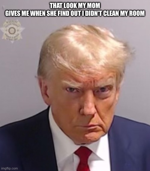 Scary face | THAT LOOK MY MOM GIVES ME WHEN SHE FIND OUT I DIDN’T CLEAN MY ROOM | image tagged in donald trump mugshot,mom,memes,fun | made w/ Imgflip meme maker