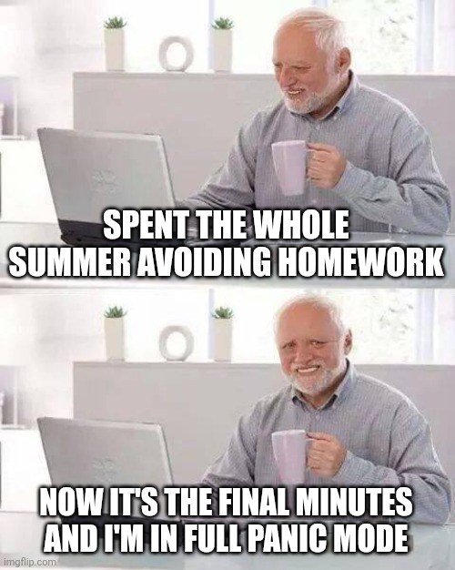 You Can't Hide The Pain Now Harold | SPENT THE WHOLE SUMMER AVOIDING HOMEWORK; NOW IT'S THE FINAL MINUTES AND I'M IN FULL PANIC MODE | image tagged in memes,hide the pain harold,funny,fyp,relatable,middle school | made w/ Imgflip meme maker