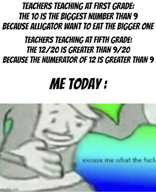 real | TEACHERS TEACHING AT FIRST GRADE: THE 10 IS THE BIGGEST NUMBER THAN 9 BECAUSE ALLIGATOR WANT TO EAT THE BIGGER ONE; TEACHERS TEACHING AT FIFTH GRADE: THE 12/20 IS GREATER THAN 9/20 BECAUSE THE NUMERATOR OF 12 IS GREATER THAN 9; Me today : | image tagged in excuse me wtf blank template,memes,funny,funny memes,fun | made w/ Imgflip meme maker
