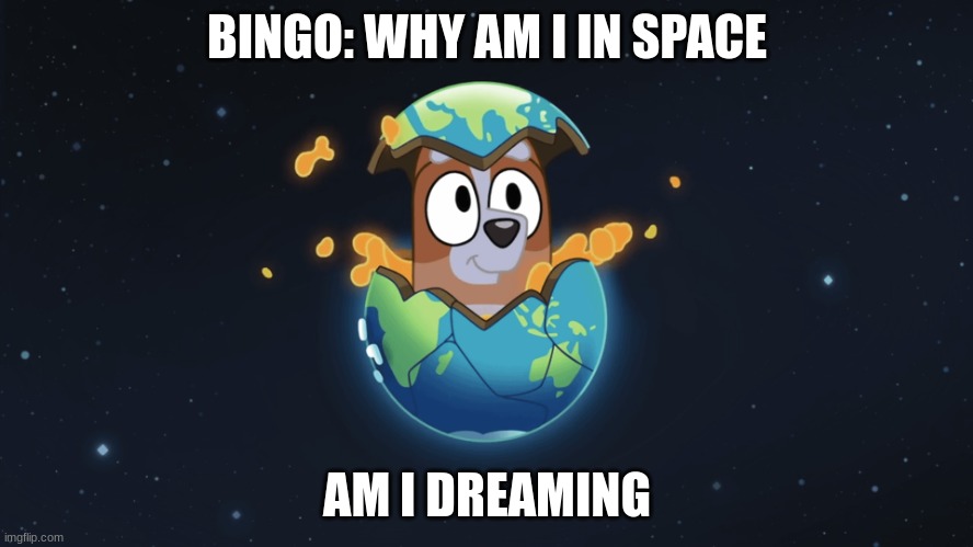 bingo destroys the earth | BINGO: WHY AM I IN SPACE; AM I DREAMING | image tagged in bingo destroys the earth,bluey | made w/ Imgflip meme maker
