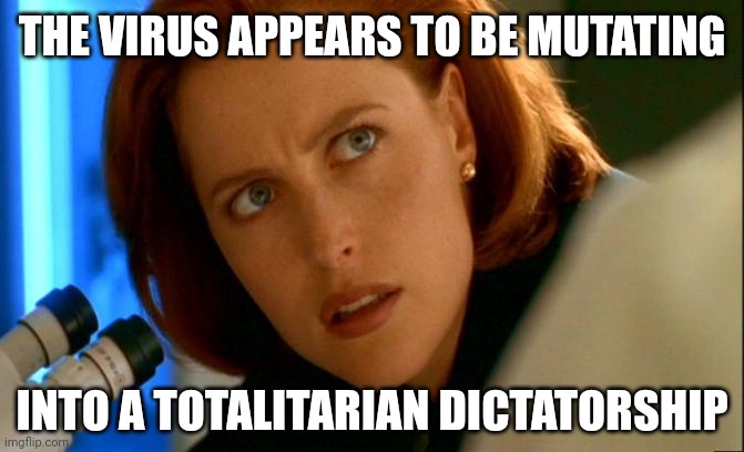 The final variant. | THE VIRUS APPEARS TO BE MUTATING; INTO A TOTALITARIAN DICTATORSHIP | image tagged in agent scully microscope | made w/ Imgflip meme maker