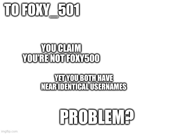 TO FOXY_501; YOU CLAIM YOU’RE NOT FOXY500; YET YOU BOTH HAVE NEAR IDENTICAL USERNAMES; PROBLEM? | made w/ Imgflip meme maker