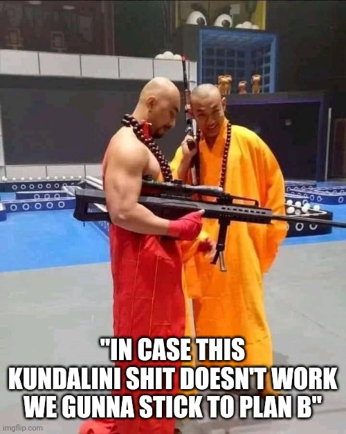 Kundalini shit | "IN CASE THIS KUNDALINI SHIT DOESN'T WORK WE GUNNA STICK TO PLAN B" | image tagged in monks,arms,yoga | made w/ Imgflip meme maker