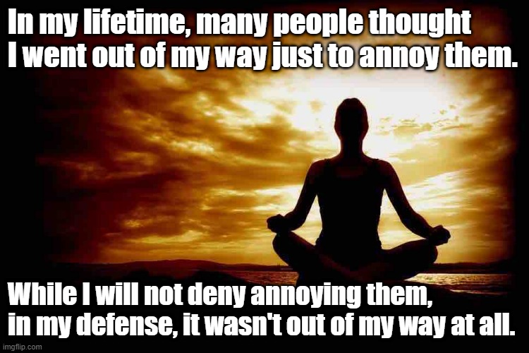 A Few Zen Thoughts For Those Who Take Life Too Seriously | In my lifetime, many people thought I went out of my way just to annoy them. While I will not deny annoying them, in my defense, it wasn't out of my way at all. | image tagged in a few zen thoughts for those who take life too seriously | made w/ Imgflip meme maker