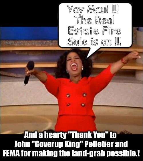 Oprah cares | Yay Maui !!! 
The Real Estate Fire Sale is on !!! And a hearty "Thank You" to 
John "Coverup King" Pelletier and FEMA for making the land-grab possible.! | image tagged in memes,oprah you get a | made w/ Imgflip meme maker