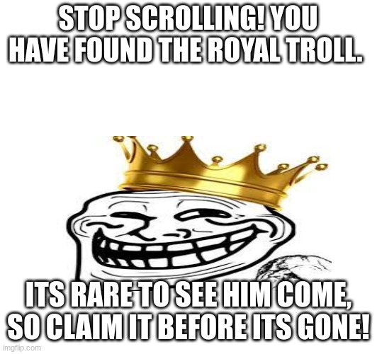 royal troll | STOP SCROLLING! YOU HAVE FOUND THE ROYAL TROLL. ITS RARE TO SEE HIM COME, SO CLAIM IT BEFORE ITS GONE! | image tagged in fun,troll | made w/ Imgflip meme maker
