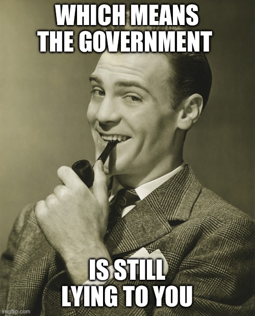 Smug | WHICH MEANS THE GOVERNMENT IS STILL LYING TO YOU | image tagged in smug | made w/ Imgflip meme maker