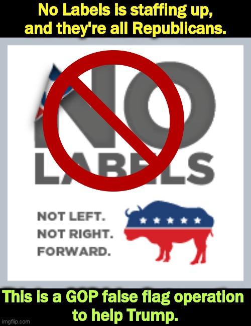 No Labels is staffing up, and they're all Republicans. This is a GOP false flag operation 
to help Trump. | image tagged in no labels,false flag,center,delusion | made w/ Imgflip meme maker