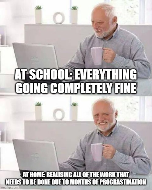 Procrastination | AT SCHOOL: EVERYTHING GOING COMPLETELY FINE; AT HOME: REALISING ALL OF THE WORK THAT NEEDS TO BE DONE DUE TO MONTHS OF PROCRASTINATION | image tagged in memes,hide the pain harold,procrastination,school | made w/ Imgflip meme maker