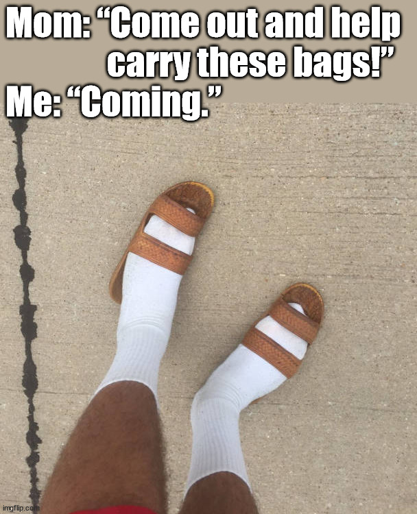 Mom: “Come out and help 
               carry these bags!”
Me: “Coming.” | made w/ Imgflip meme maker