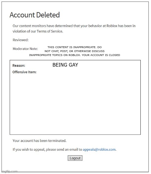 bruh | THIS CONTENT IS INAPPROPRIATE. DO NOT CHAT, POST, OR OTHERWISE DISCUSS INAPPROPRIATE TOPICS ON ROBLOX. YOUR ACCOUNT IS CLOSED; BEING GAY | image tagged in banned from roblox | made w/ Imgflip meme maker