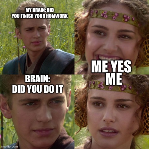 hmmmmm | MY BRAIN: DID YOU FINISH YOUR HOMWORK; ME YES; ME; BRAIN: DID YOU DO IT | image tagged in anakin padme 4 panel,homework | made w/ Imgflip meme maker