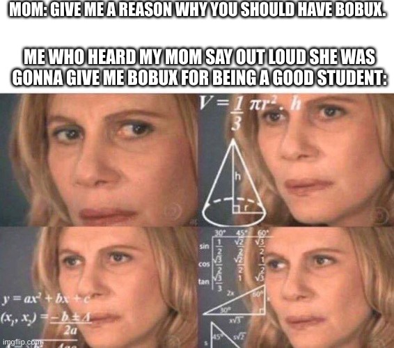 Mom don't you remeber??? | MOM: GIVE ME A REASON WHY YOU SHOULD HAVE BOBUX. ME WHO HEARD MY MOM SAY OUT LOUD SHE WAS GONNA GIVE ME BOBUX FOR BEING A GOOD STUDENT: | image tagged in math lady/confused lady | made w/ Imgflip meme maker