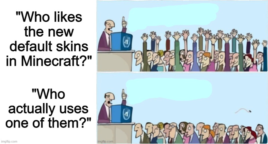 I know I don't :I | "Who likes the new default skins in Minecraft?"; "Who actually uses one of them?" | image tagged in blank white template | made w/ Imgflip meme maker