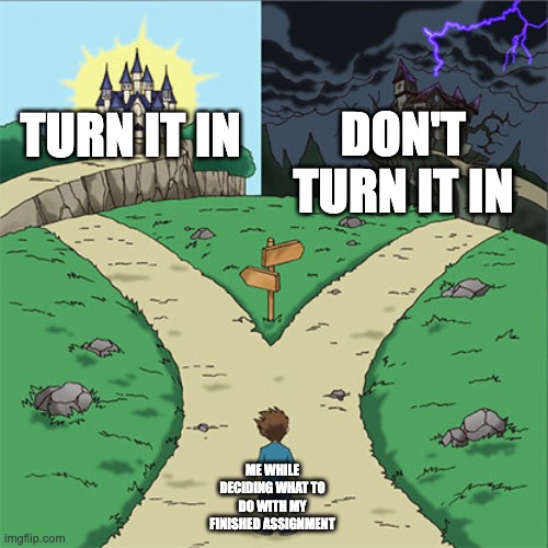 Two Paths | DON'T TURN IT IN; TURN IT IN; ME WHILE DECIDING WHAT TO DO WITH MY FINISHED ASSIGNMENT | image tagged in two paths | made w/ Imgflip meme maker