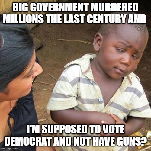 Third World Skeptical Kid Meme | BIG GOVERNMENT MURDERED MILLIONS THE LAST CENTURY AND; I'M SUPPOSED TO VOTE DEMOCRAT AND NOT HAVE GUNS? | image tagged in memes,third world skeptical kid | made w/ Imgflip meme maker