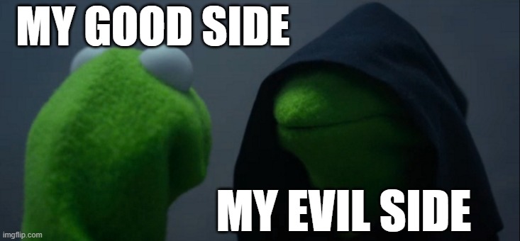 Both are pretty pathetic | MY GOOD SIDE; MY EVIL SIDE | image tagged in memes,evil kermit | made w/ Imgflip meme maker