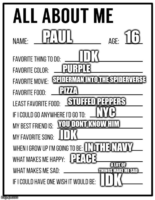 All about me card | 16; PAUL; IDK; PURPLE; SPIDERMAN INTO THE SPIDERVERSE; PIZZA; STUFFED PEPPERS; NYC; YOU DONT KNOW HIM; IDK; IN THE NAVY; PEACE; A LOT OF THINGS MAKE ME SAD; IDK | image tagged in all about me card | made w/ Imgflip meme maker