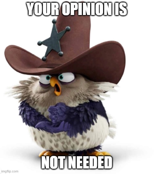 is not needed | YOUR OPINION IS; NOT NEEDED | image tagged in angry birds | made w/ Imgflip meme maker