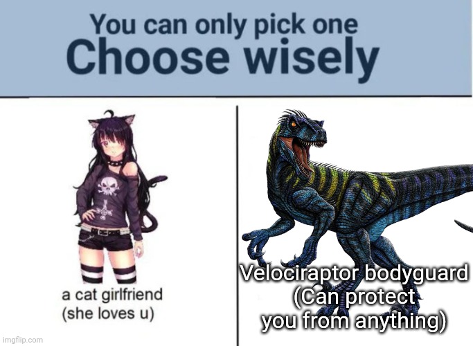 The choice is obvious: cat girlfr- /j totally Velociraptor | Velociraptor bodyguard
(Can protect you from anything) | image tagged in choose wisely,velociraptor | made w/ Imgflip meme maker