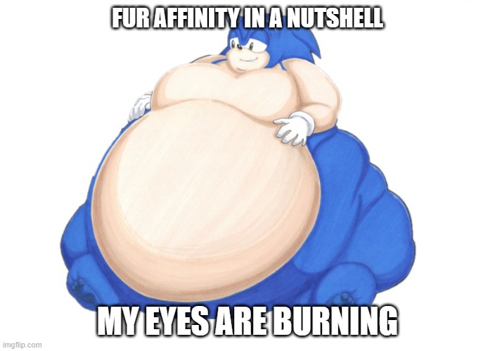 god save me | FUR AFFINITY IN A NUTSHELL; MY EYES ARE BURNING | image tagged in fat sonic 2,fat,sonic the hedgehog,sega,sonic,kill me | made w/ Imgflip meme maker
