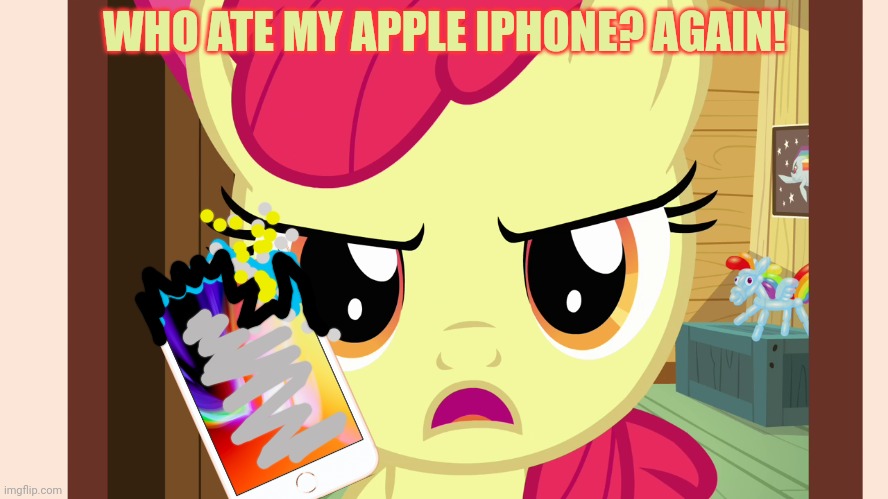 Applejack problems | WHO ATE MY APPLE IPHONE? AGAIN! | image tagged in unamused apple bloom mlp,iphone,applejack,angry applebloom | made w/ Imgflip meme maker