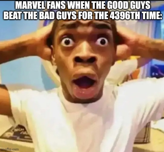 Surprised Black Guy | MARVEL FANS WHEN THE GOOD GUYS BEAT THE BAD GUYS FOR THE 4396TH TIME: | image tagged in surprised black guy,marvel,memes,funny | made w/ Imgflip meme maker