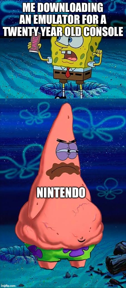 You took my only food Now I'm gonna starve Patrick | ME DOWNLOADING AN EMULATOR FOR A TWENTY YEAR OLD CONSOLE NINTENDO | image tagged in you took my only food now i'm gonna starve patrick | made w/ Imgflip meme maker