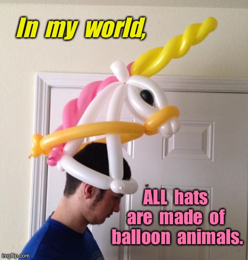 In my world | In  my  world, ALL  hats  are  made  of  balloon  animals. | image tagged in balloon hats,all hats,are balloon animals,fun | made w/ Imgflip meme maker