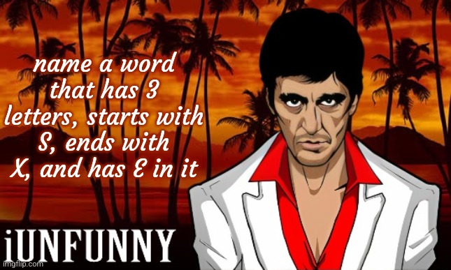 iUnFunny's Scarface template | name a word that has 3 letters, starts with S, ends with X, and has E in it | image tagged in iunfunny's scarface template | made w/ Imgflip meme maker