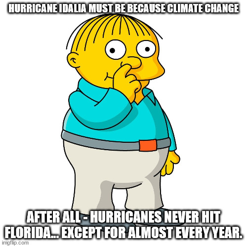 The hurricane must be climate change | HURRICANE IDALIA MUST BE BECAUSE CLIMATE CHANGE; AFTER ALL - HURRICANES NEVER HIT FLORIDA... EXCEPT FOR ALMOST EVERY YEAR. | image tagged in ralph wiggum picking his nose,climate change | made w/ Imgflip meme maker