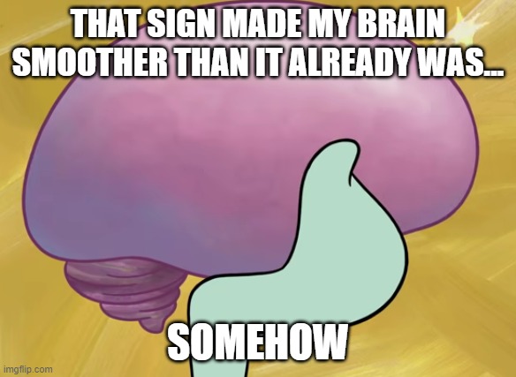 Squidward Smooth Brain | THAT SIGN MADE MY BRAIN SMOOTHER THAN IT ALREADY WAS... SOMEHOW | image tagged in squidward smooth brain | made w/ Imgflip meme maker