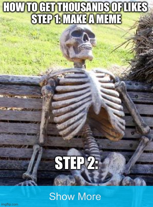 I FOUND THE GOVERNMENT SECRET | HOW TO GET THOUSANDS OF LIKES 
STEP 1: MAKE A MEME; STEP 2: | image tagged in memes,waiting skeleton | made w/ Imgflip meme maker