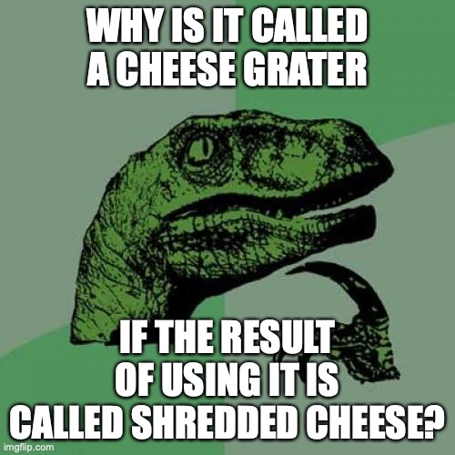 I'm not a very adventurous person | WHY IS IT CALLED A CHEESE GRATER; IF THE RESULT OF USING IT IS CALLED SHREDDED CHEESE? https://www.youtube.com/shorts/ETBrODg6KFA | image tagged in memes,philosoraptor,why not,cheese,shredder | made w/ Imgflip meme maker