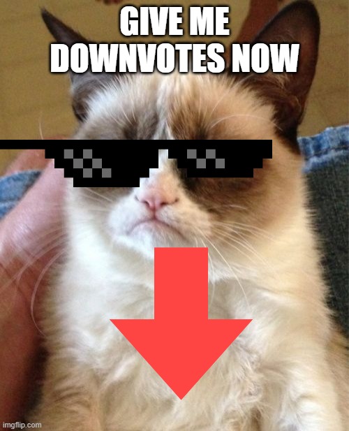 DOWN VOTE IT >:( | GIVE ME DOWNVOTES NOW | image tagged in memes,grumpy cat,downvote | made w/ Imgflip meme maker