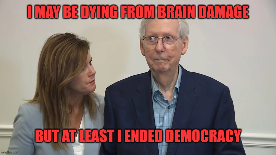 Glitch McConnell 2 | I MAY BE DYING FROM BRAIN DAMAGE; BUT AT LEAST I ENDED DEMOCRACY | image tagged in glitch mcconnell 2,dark humor,yikes | made w/ Imgflip meme maker