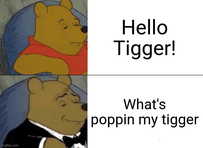 Winnie getting edgy fr | Hello Tigger! What's poppin my tigger | image tagged in tuxedo winnie the pooh,tigger | made w/ Imgflip meme maker