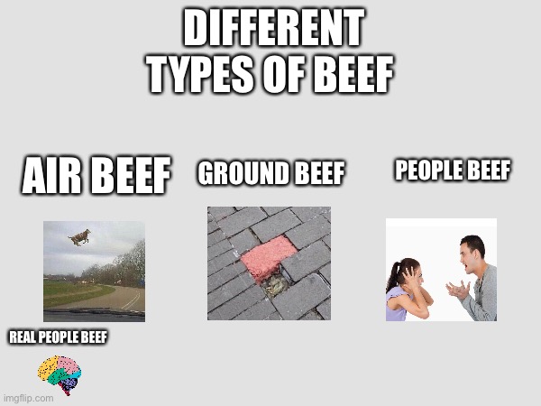 B.E.E.F. | DIFFERENT TYPES OF BEEF; AIR BEEF; PEOPLE BEEF; GROUND BEEF; REAL PEOPLE BEEF | image tagged in funny,meme,beef | made w/ Imgflip meme maker